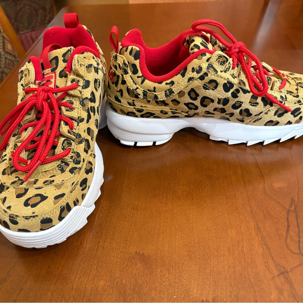 Fila Leopard Print Athletic Shoes with Red Accents